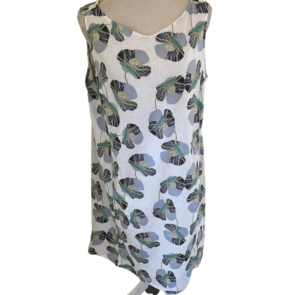 Habitat White with Ginkgo Print Linen/Cotton Sleeveless Shift Dress L